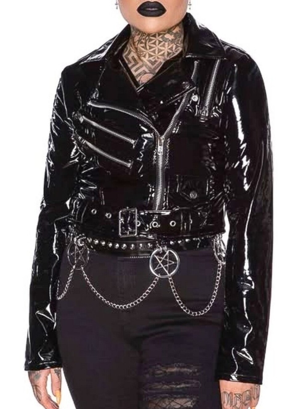 RARE Killstar Exene Gloss biker moto jacket LARGE black glossy PVC